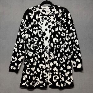 Chicos Heart Leopard Love Open Front Longline Cardigan 2 US L Black White Soft